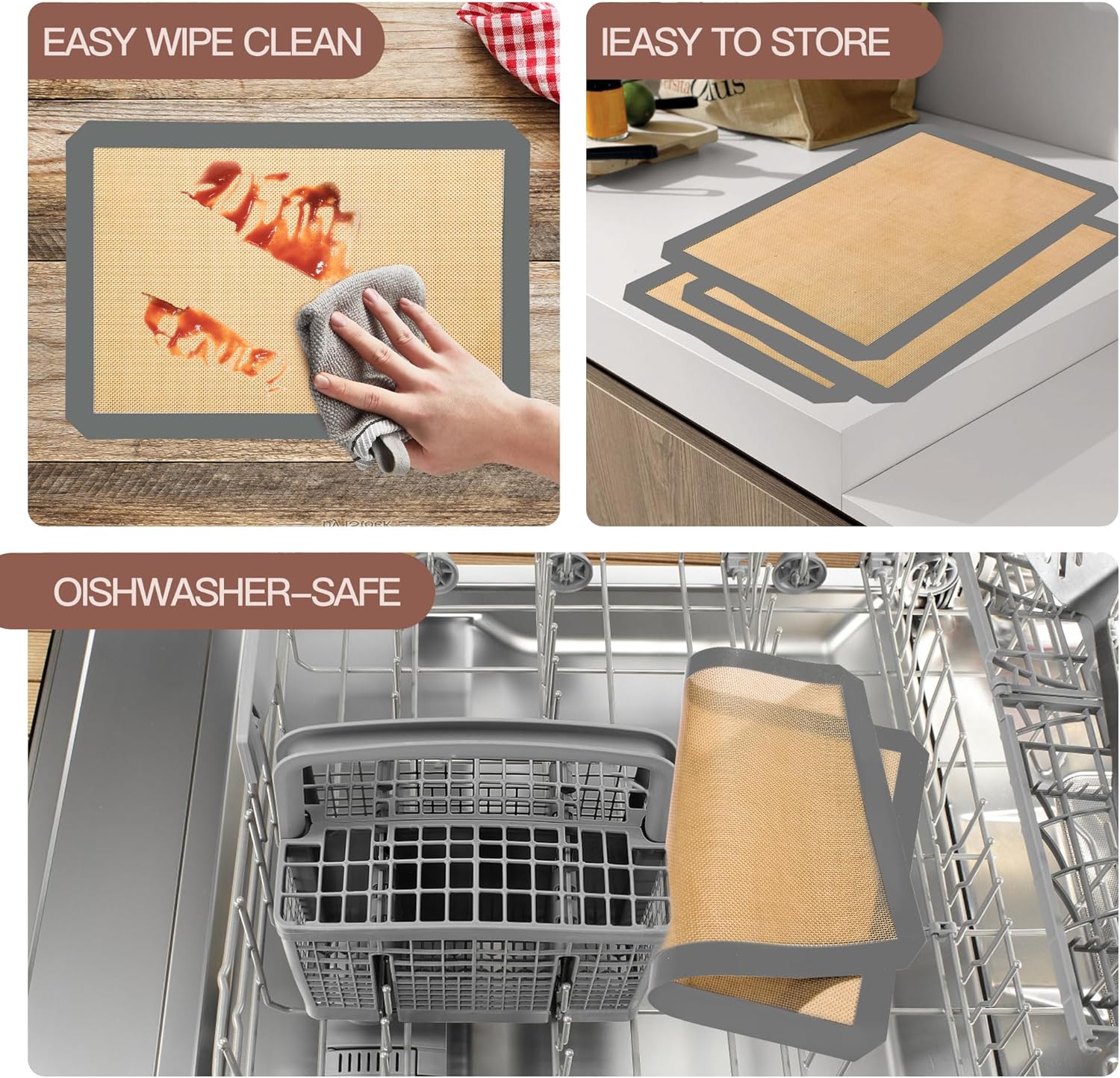 Silicone Baking Mat 3 Pack, Non-Stick Food Safe Reusable Baking Sheets, 2 Medium & 1 Small Sizes for Cookies Macarons Bread, (Gray)